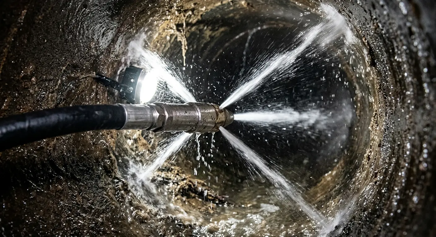 High-pressure hydro jetting nozzle cleaning sewer pipe for Trenchless Sewer Repair in Homestead