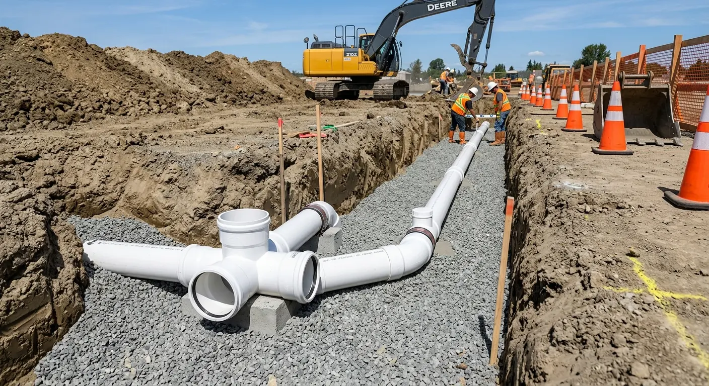 New PVC sewer pipe installation in open trench for Sewer Backup in Homestead