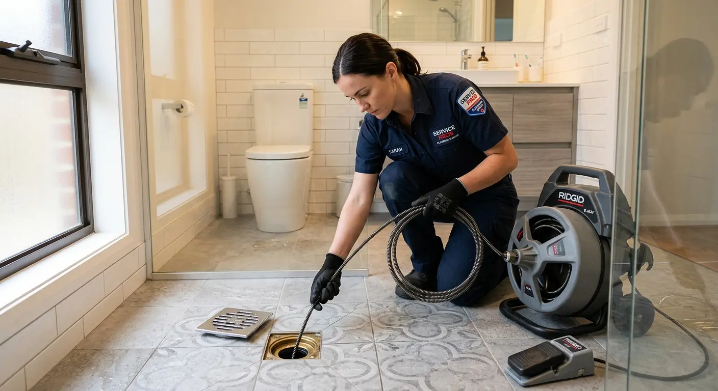 Technician clearing a bathroom floor drain for Hydro Jetting in Homestead